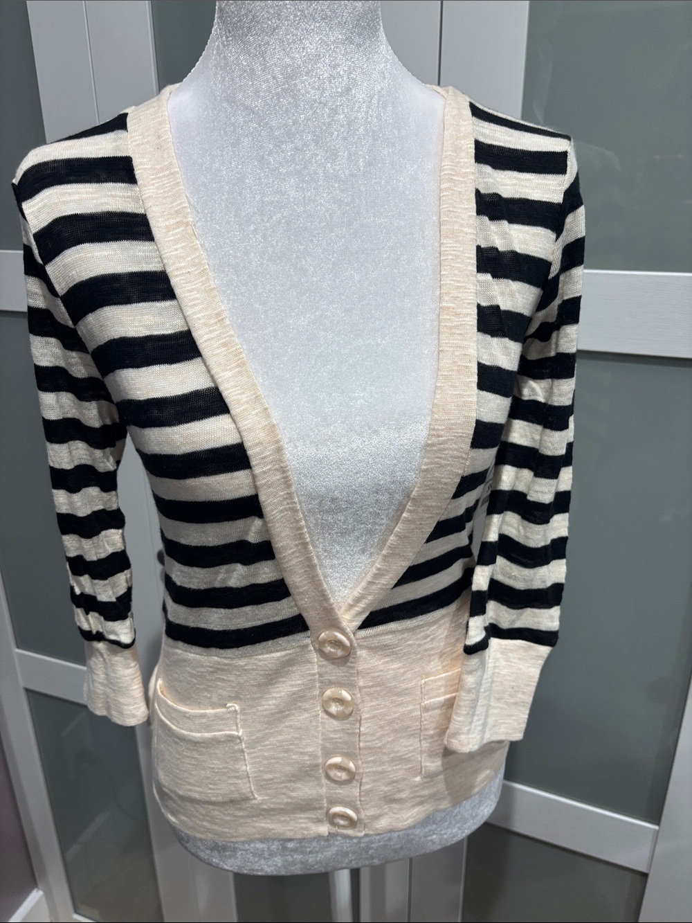NWT Poof! Black and Cream Striped V-Neck Lace back Button Cardigan-L